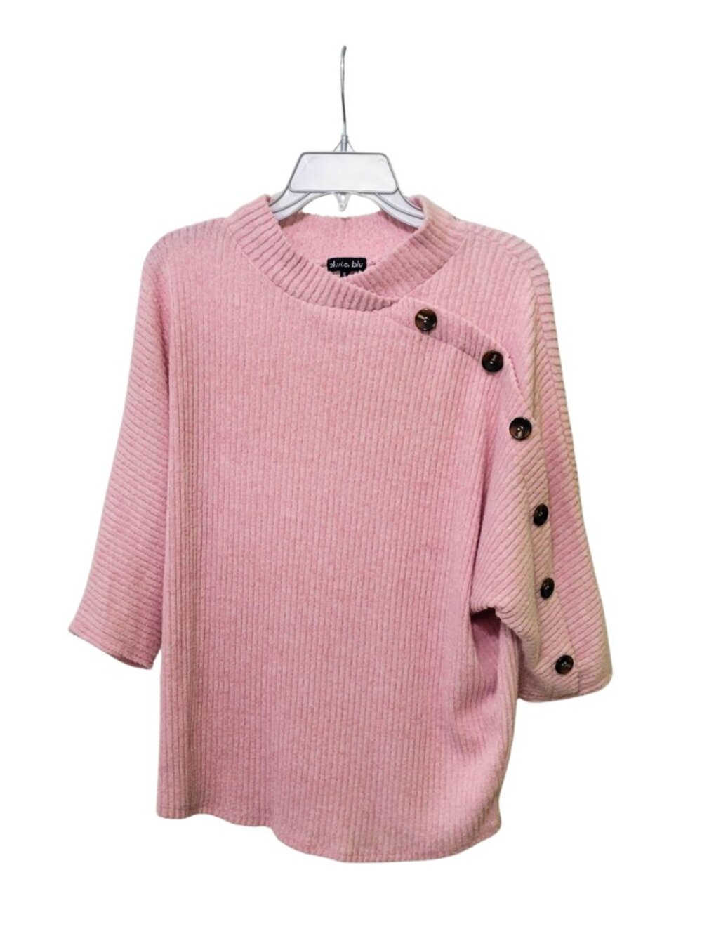 Asymmetrical Button-Shoulder Ribbed Knit Top - Soft Dusty Rose Pink | XL